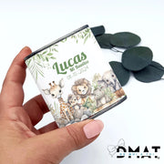 Latitas de aceite de oliva personalizadas con diseño infantil de jungla para bautizo
