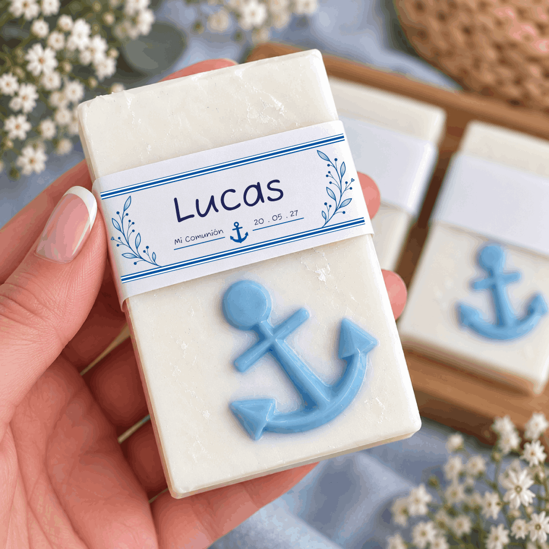 Pastilla de jabón artesano personalizado para comunión diseño ancla