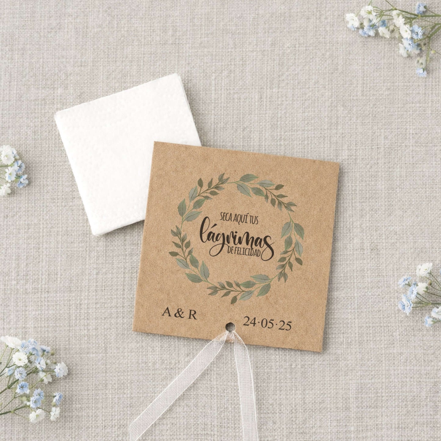 Lágrimas de felicidad con pañuelo para bodas en cartón kraft