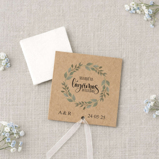 Lágrimas de felicidad con pañuelo para bodas en cartón kraft