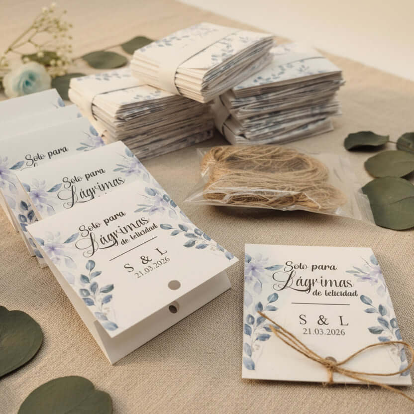 Conjunto de lágrimas de felicidad personalizadas para invitados de boda diseño silvestre