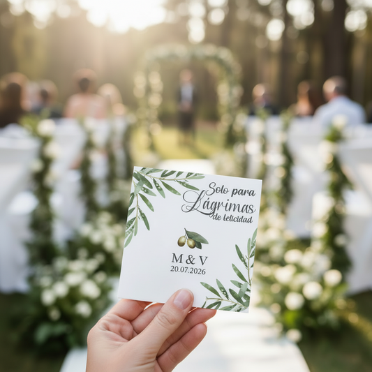 Detalle lágrimas de felicidad con ilustración de ramas de olivo personalizadas