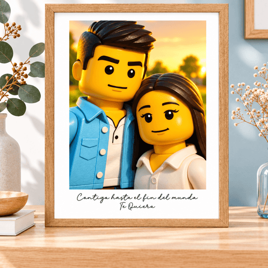 Cuadro A3 con marco de madera, caricatura estilo Lego y dedicatoria, regalo de boda personalizado