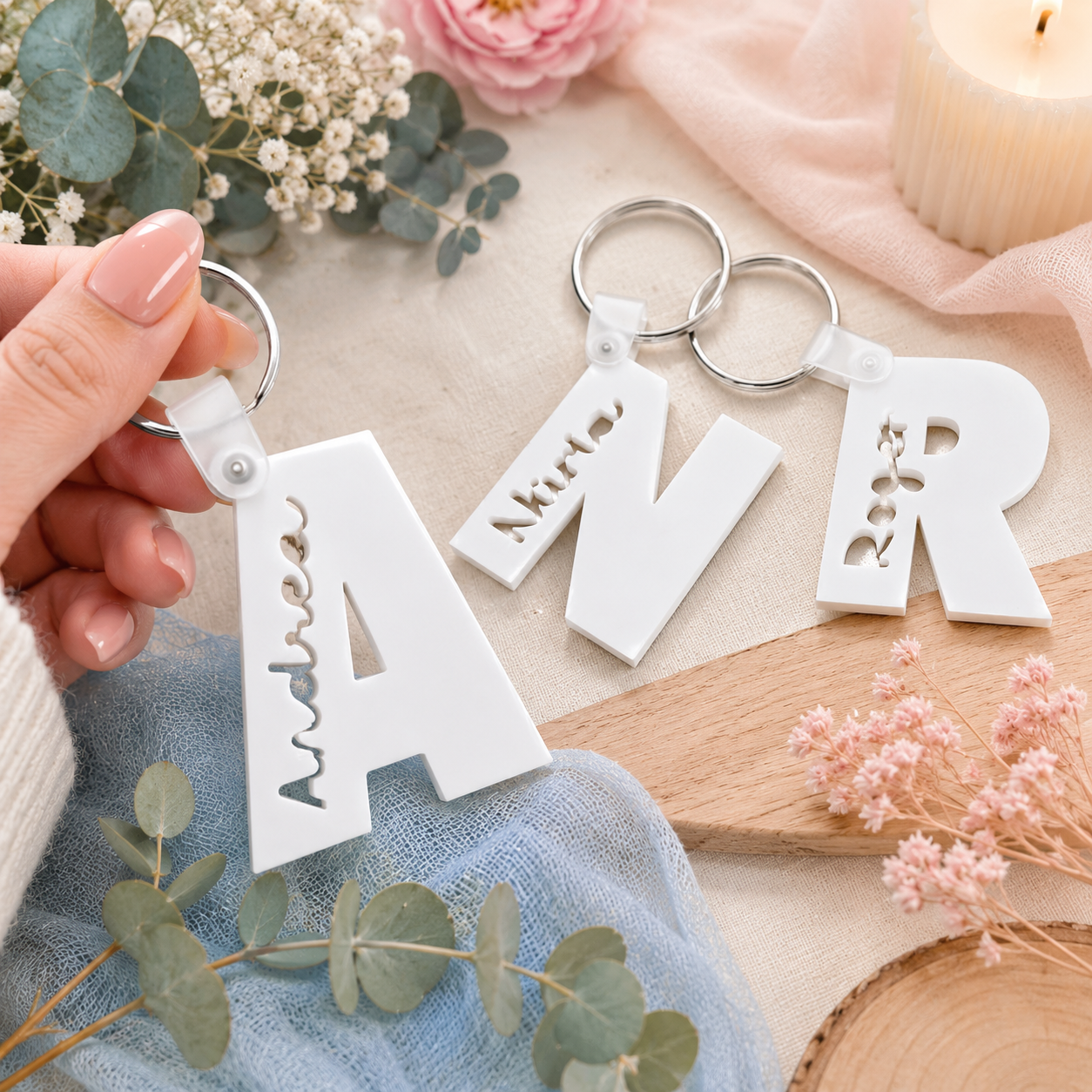 Llavero de acrílico blanco personalizado con inicial y nombre grabado a láser