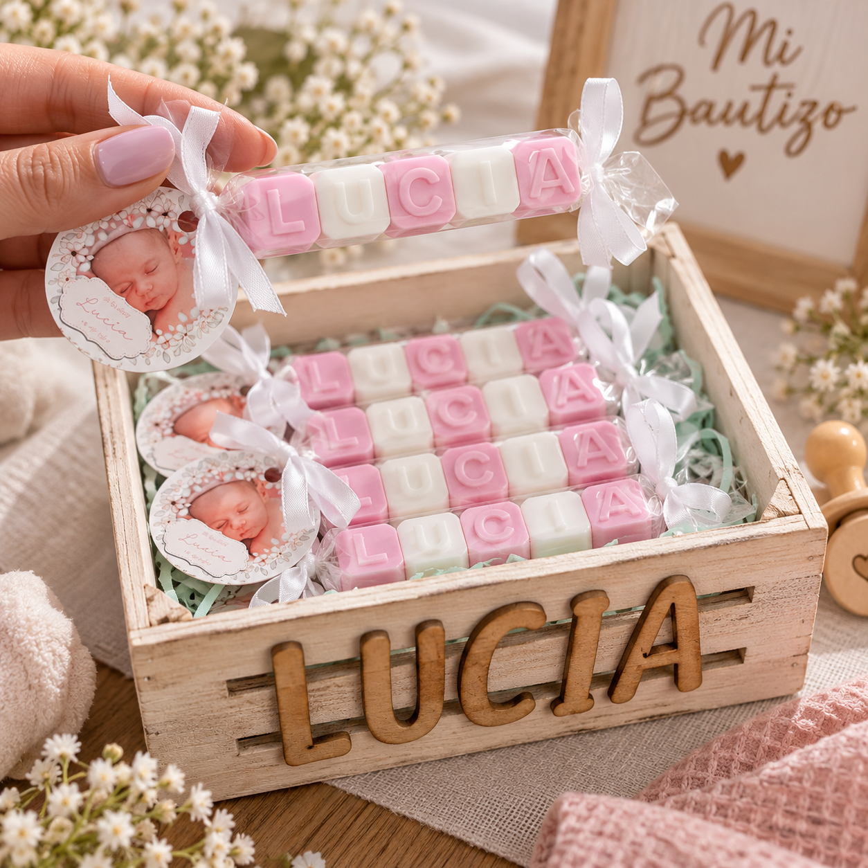 Nombres de jabón personalizados en rosa y blanco para bautizo de niña, presentados en caja de madera con el nombre Lucía y etiquetas foto