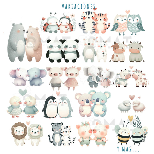 regalo de boda o San Valentín con ilustración de animalitos