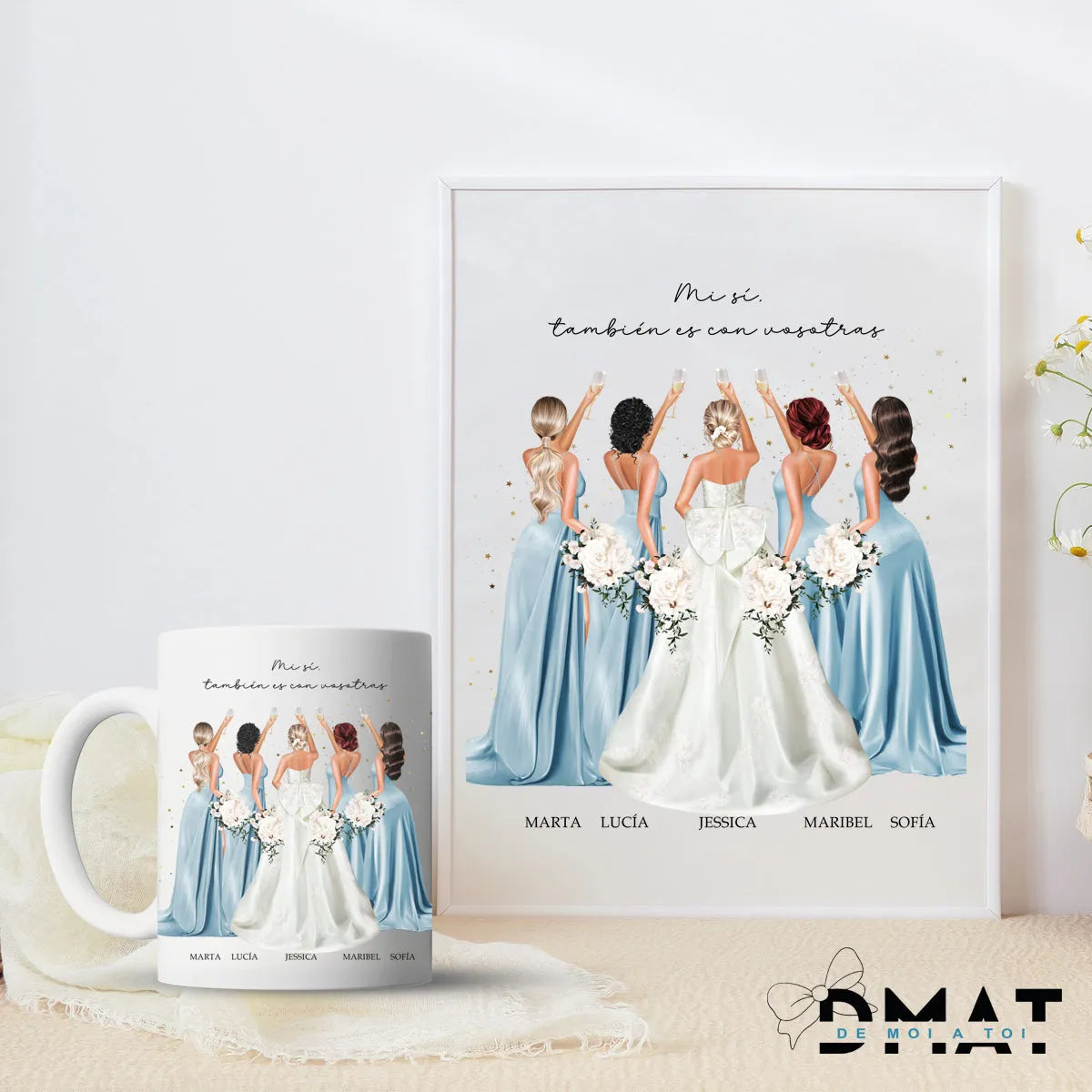 Lámina y taza personalizada con ilustración de novia y damas de honor
