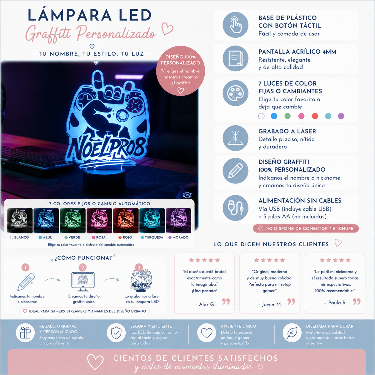 Lámpara LED gamer personalizada con luces de colores encendida · De Moi à Toi