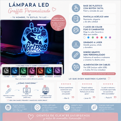 Lámpara LED gamer personalizada con luces de colores encendida · De Moi à Toi