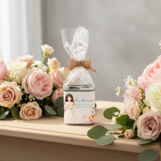 Latita de aceite de oliva personalizada como detalle de comunión niña