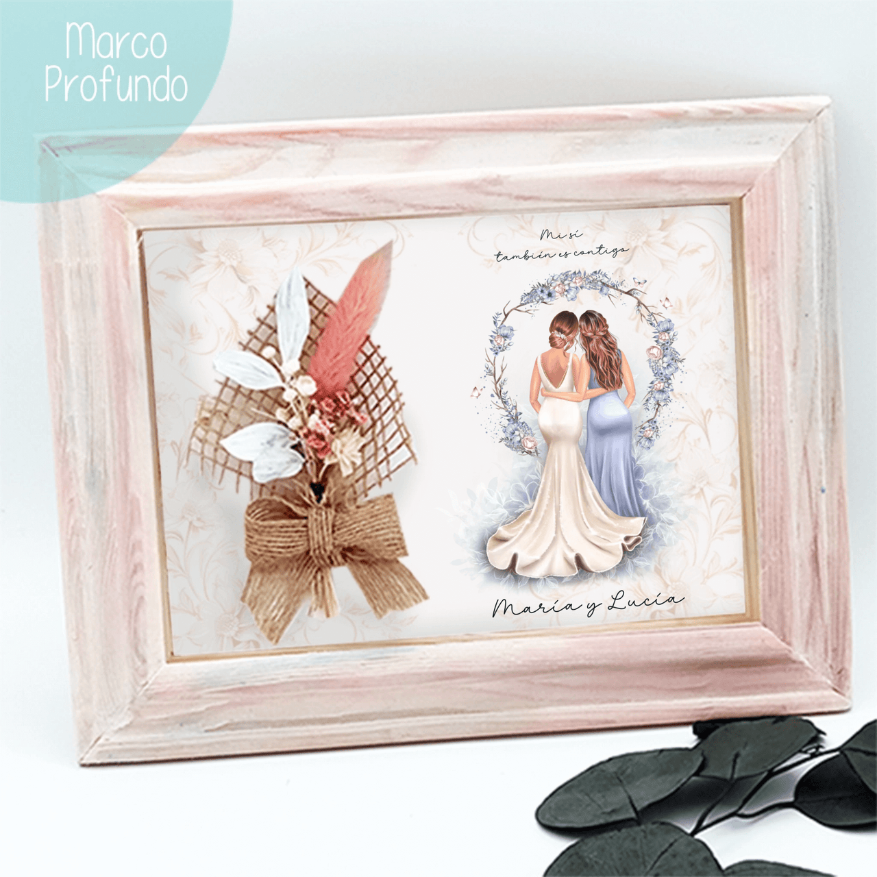 Marco profundo de madera pintado a mano con ilustración personalizada de boda