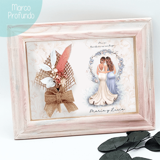 Marco profundo de madera pintado a mano con ilustración personalizada de boda