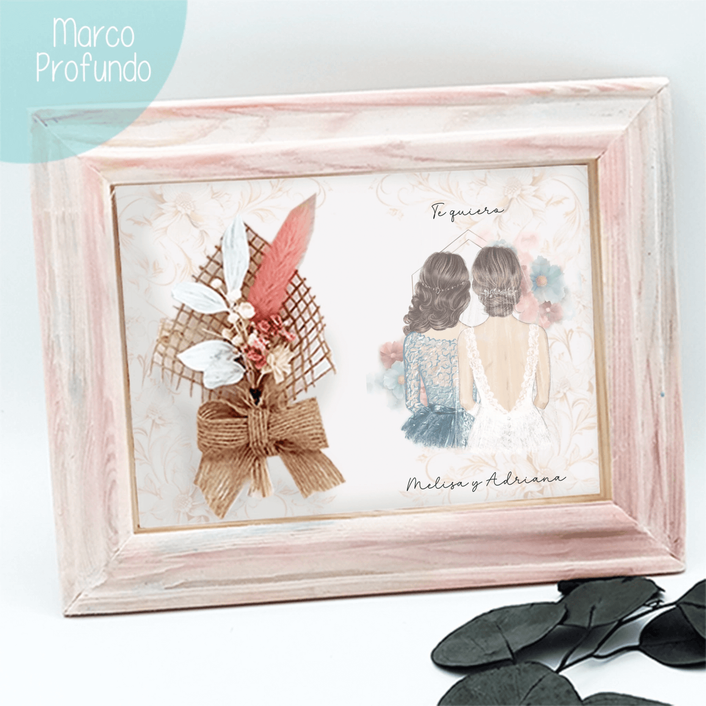 Marco profundo con cristal y flores preservadas para regalo de boda