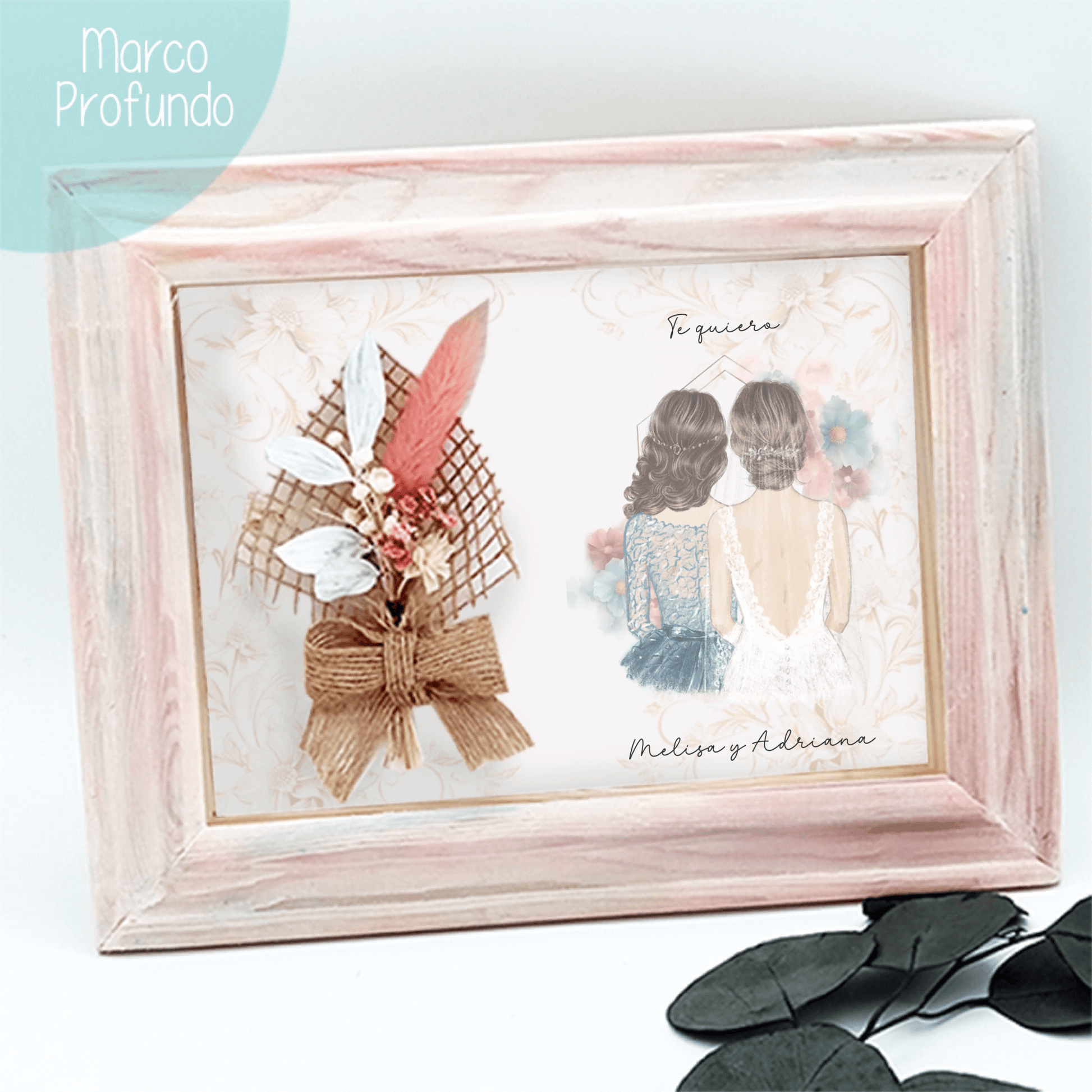 Marco profundo con cristal y flores preservadas para regalo de boda