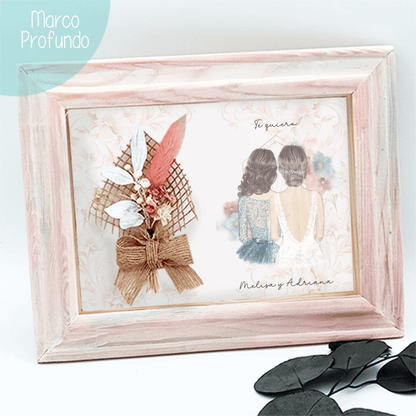 Marco profundo con cristal y flores preservadas para regalo de boda
