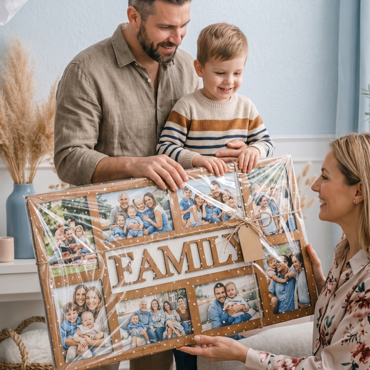 Marco de fotos familiar de madera hecho a mano con 8 fotografías impresas