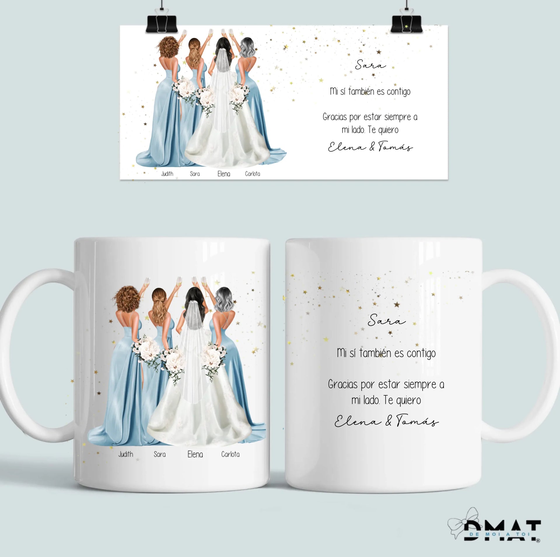 Taza personalizada para regalar a damas de honor con ilustración personalizada online y descuento del 50%