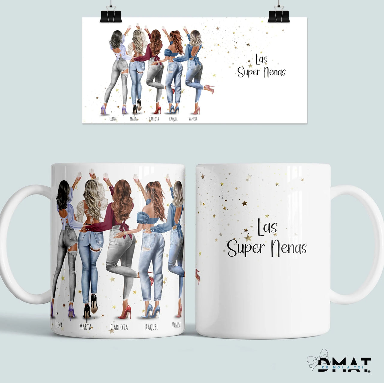 aza personalizada grupo de amigas con ilustración editable, nombres y dedicatoria