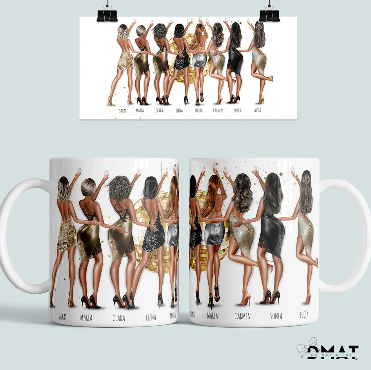 Taza personalizada para amigas con ilustración de grupo vestidas de fiesta — regalo original y emotivo con nombres y dedicatoria personalizada