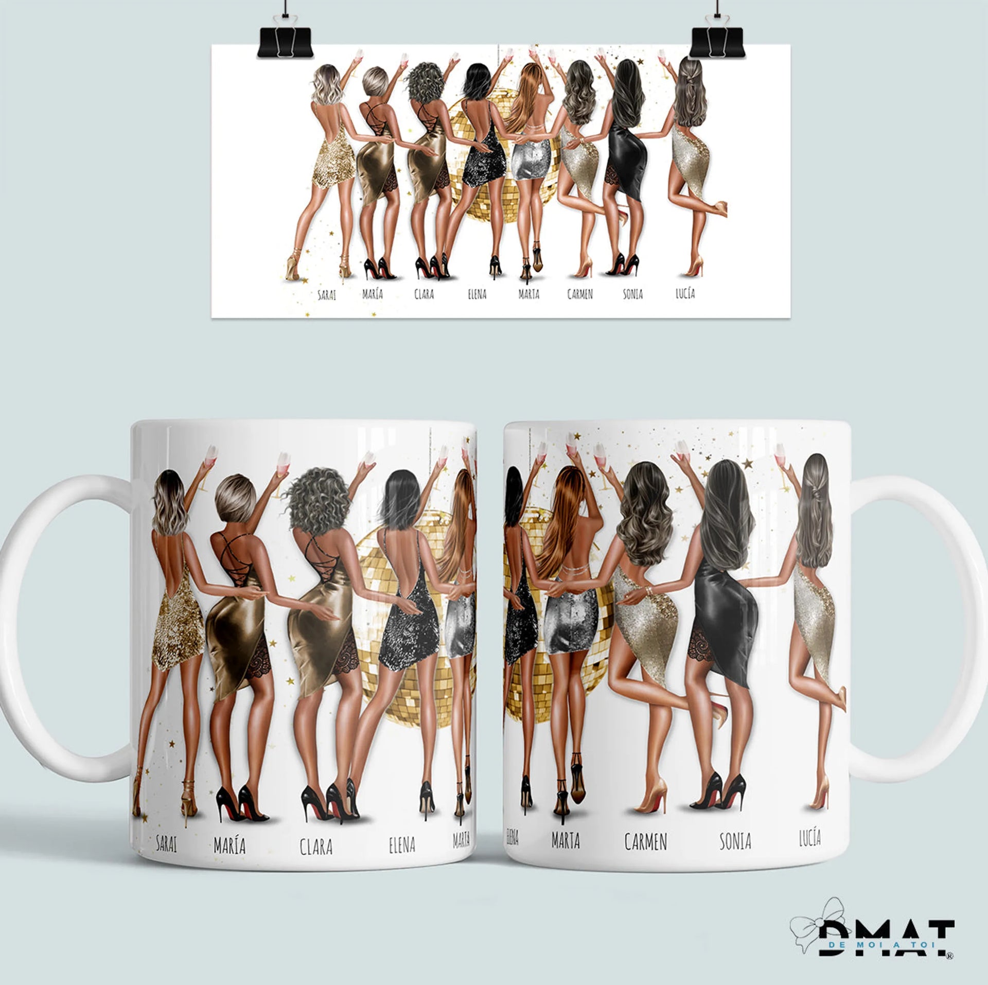 Taza personalizada para amigas con ilustración de grupo vestidas de fiesta — regalo original y emotivo con nombres y dedicatoria personalizada