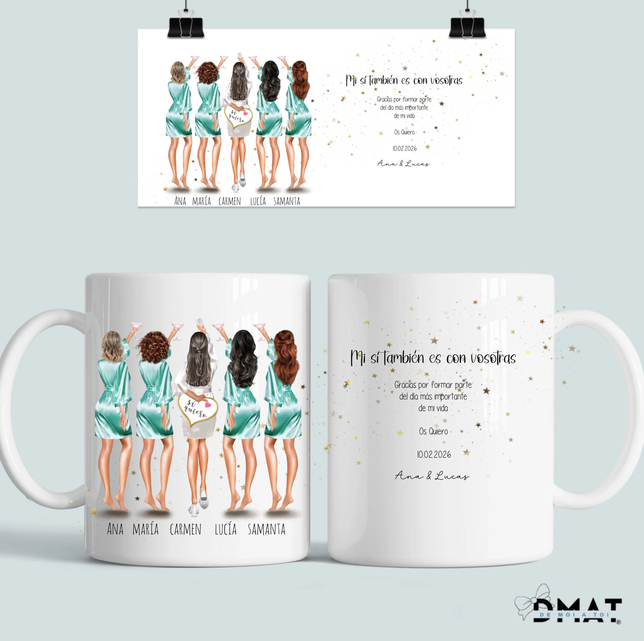 regalo para damas de honor con dibujo despedida de soltera personalizado con dedicatoria