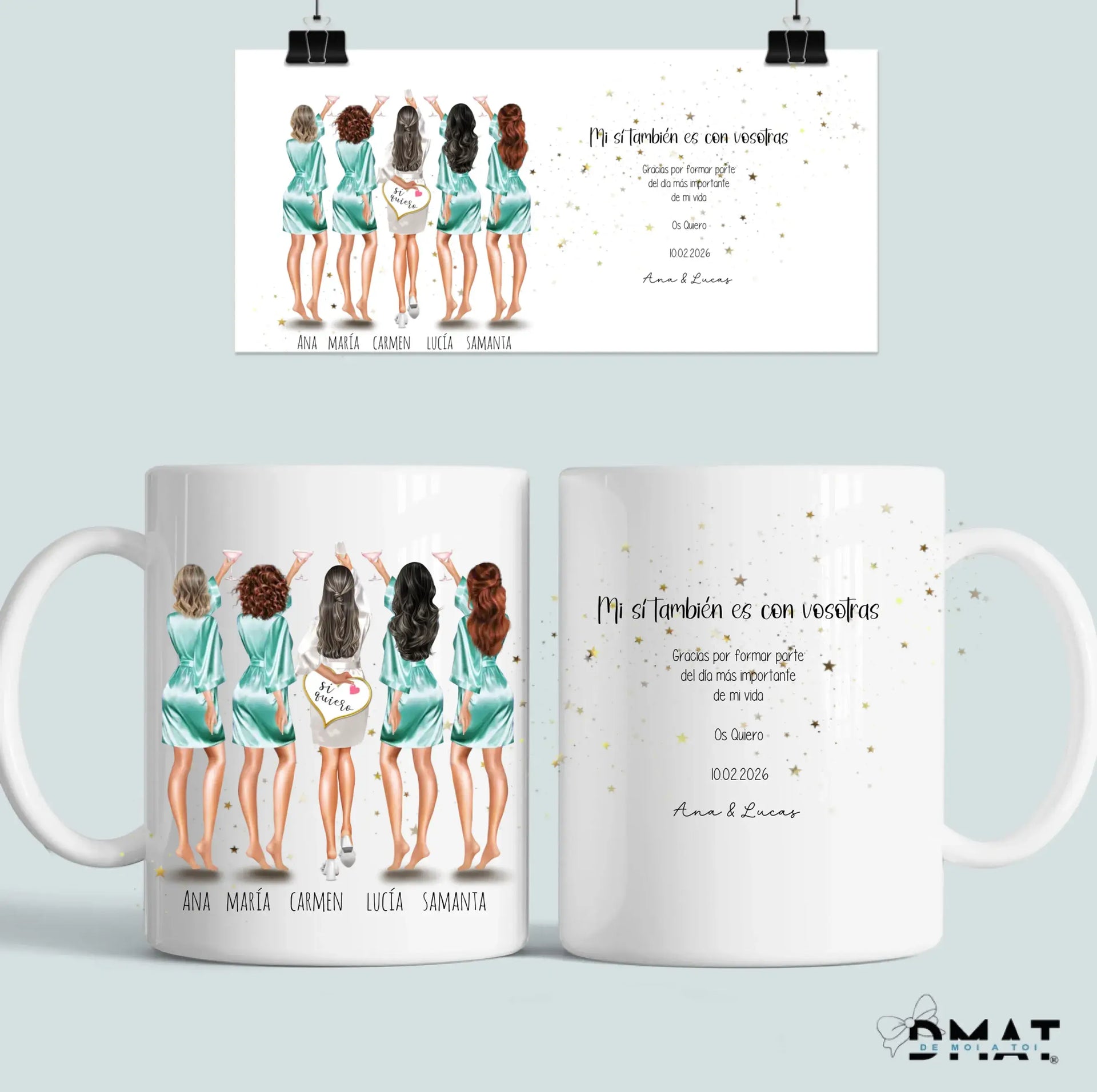 regalo para damas de honor con dibujo despedida de soltera personalizado con dedicatoria