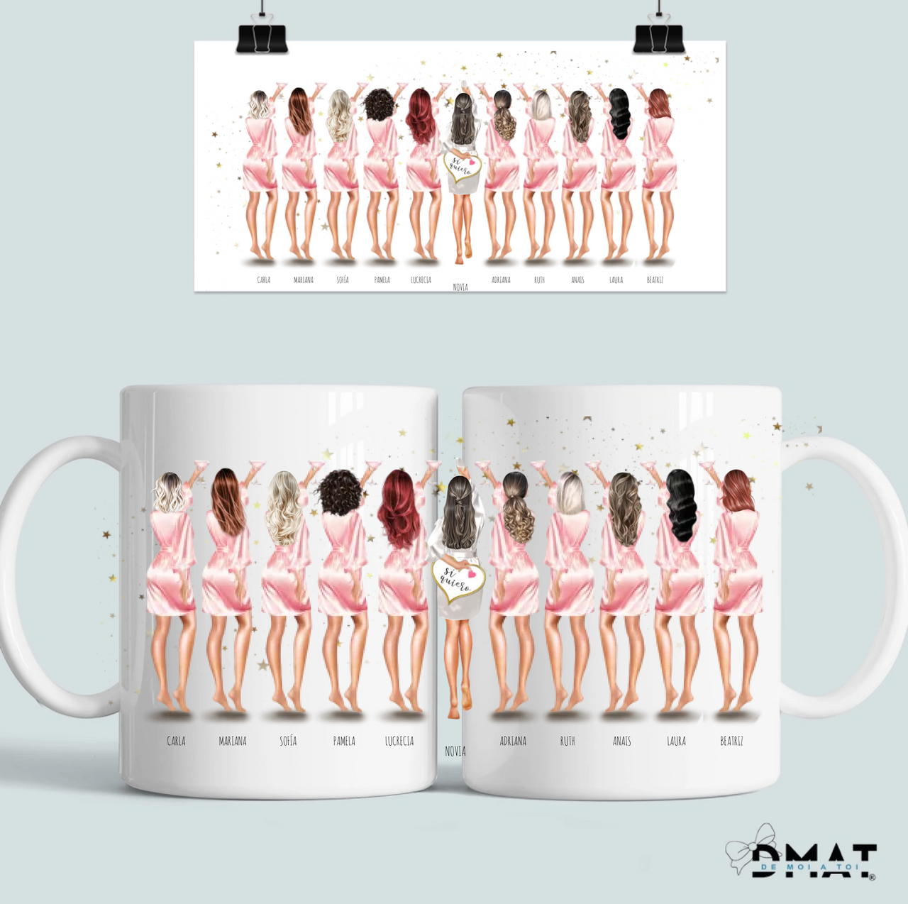 taza personalizada damas de honor con ilustración despedida de soltera y nombres