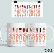 taza personalizada damas de honor con ilustración despedida de soltera y nombres