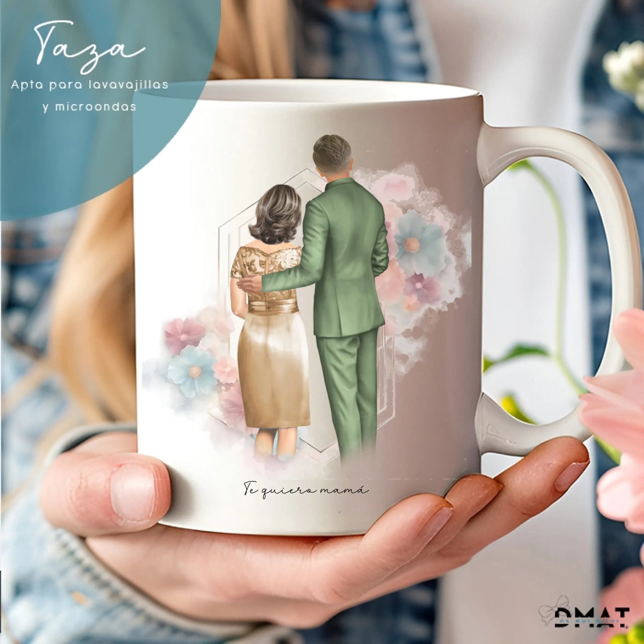 Taza personalizada con ilustración del novio y su madre — opción con dedicatoria “Te quiero mamá” o texto personalizado, ideal para boda o regalo especial