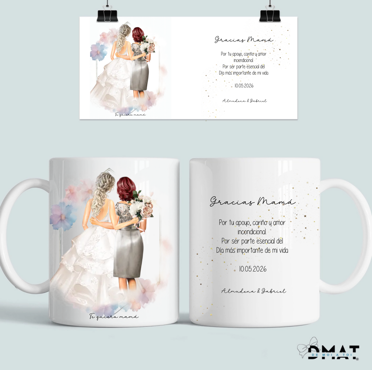 taza personalizada madre de la novia con ilustración y dedicatoria