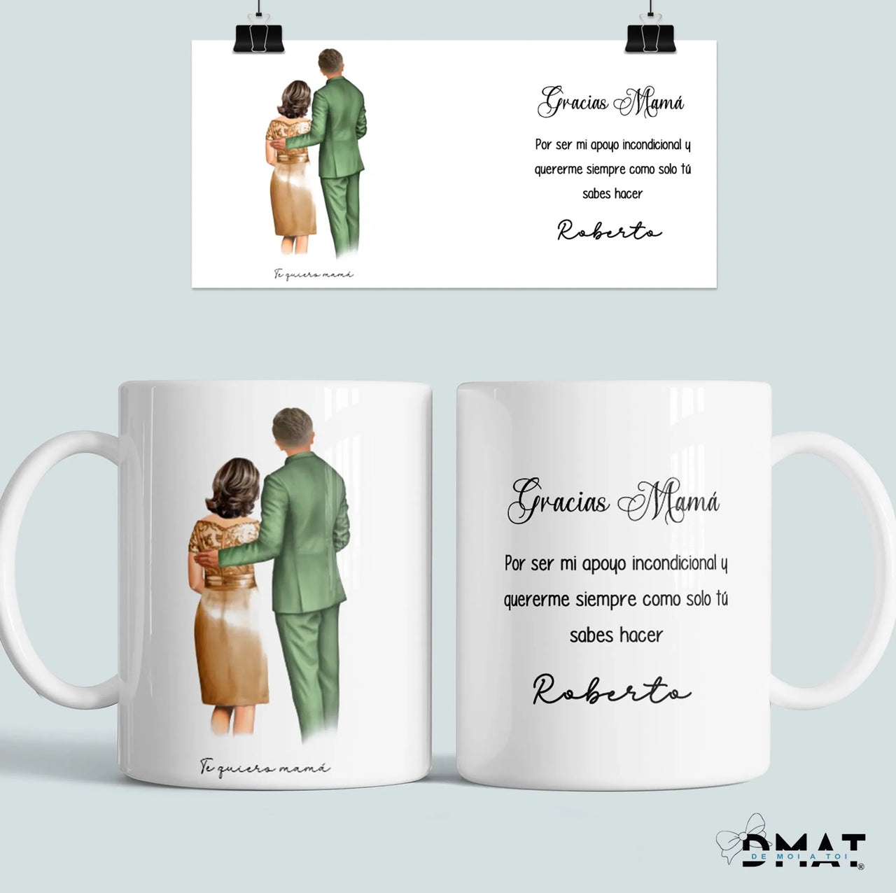 Taza personalizada de hijo y madre adultos con ilustración y dedicatoria como regalo original