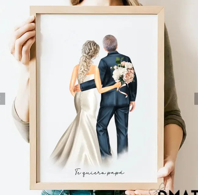 Regalo de boda único y personalizado: ilustración especial de la novia y su padre, diseñada con clipart exclusivo, para un recuerdo emotivo de este momento tan especial
