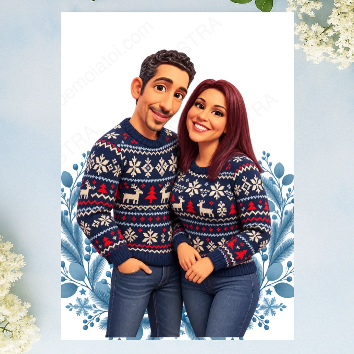 Caricatura navideña personalizada estilo nórdico | Cuadro, taza, bola de Navidad y más