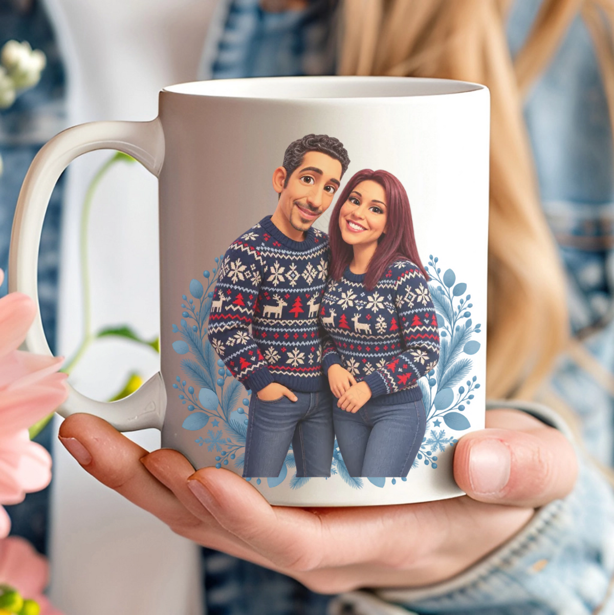 Caricatura navideña personalizada estilo nórdico | Cuadro, taza, bola de Navidad y más