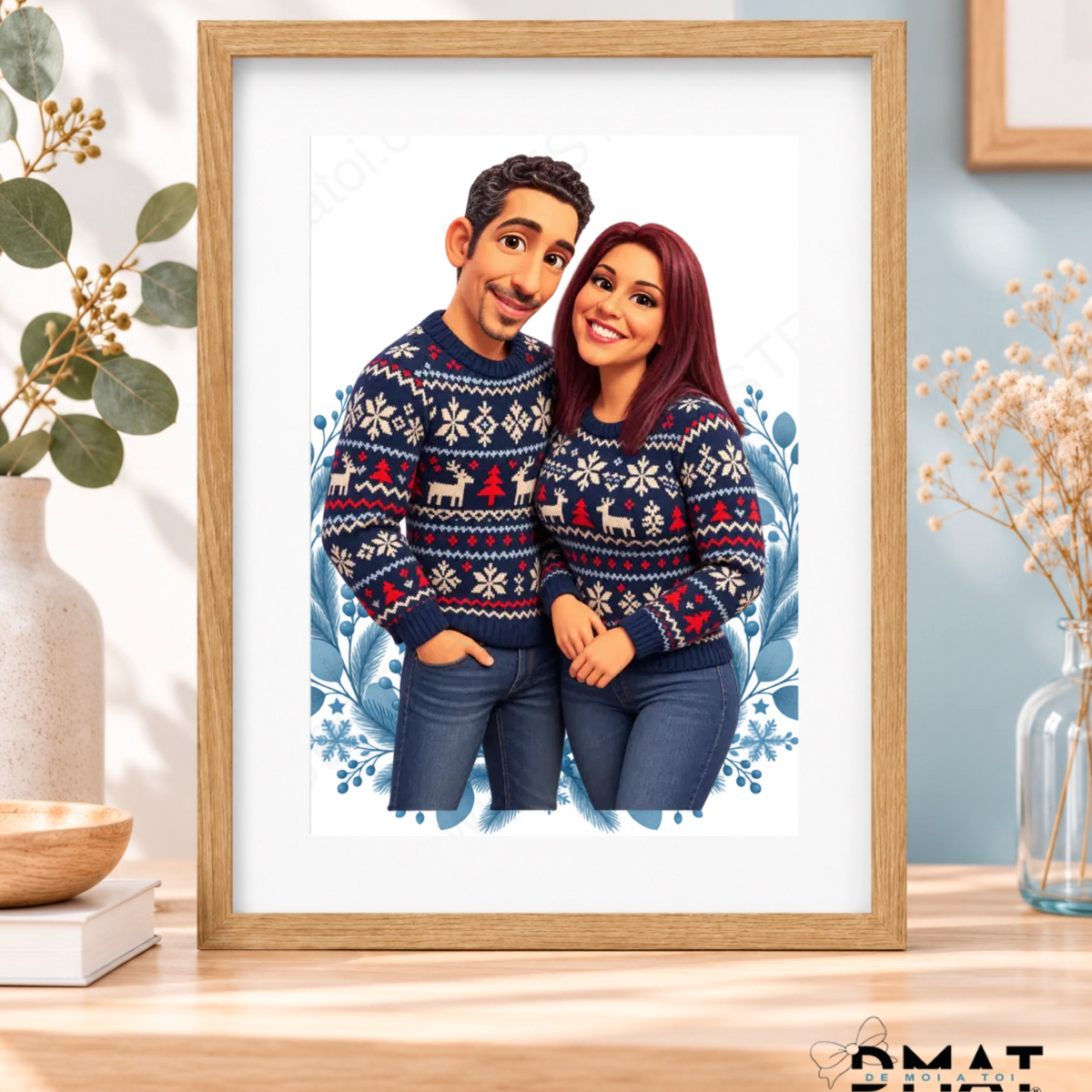 Caricatura navideña personalizada estilo nórdico | Cuadro, taza, bola de Navidad y más