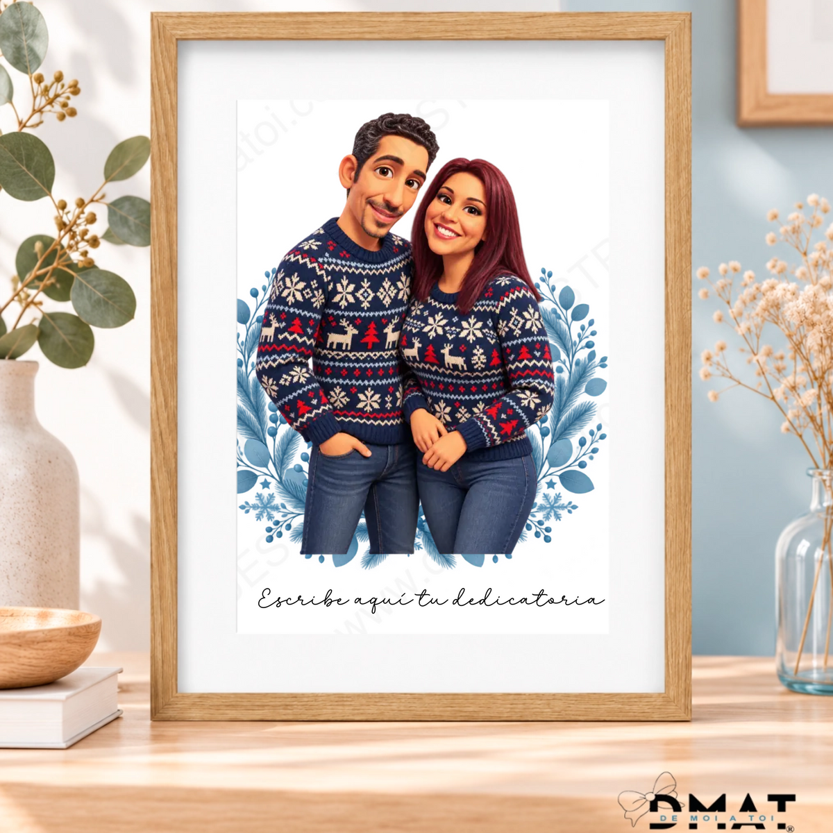 Caricatura navideña personalizada estilo nórdico | Cuadro, taza, bola de Navidad y más