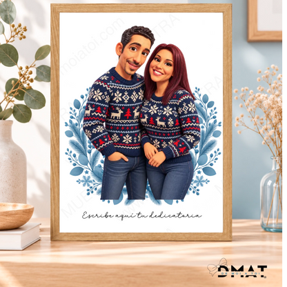 Caricatura navideña personalizada estilo nórdico | Cuadro, taza, bola de Navidad y más