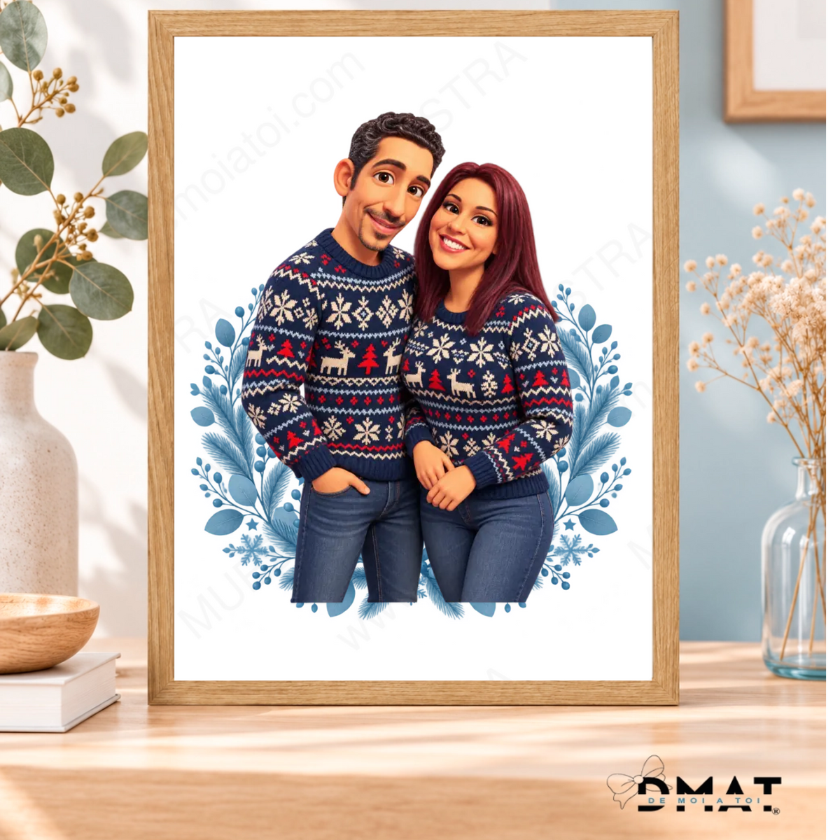 Caricatura navideña personalizada estilo nórdico | Cuadro, taza, bola de Navidad y más