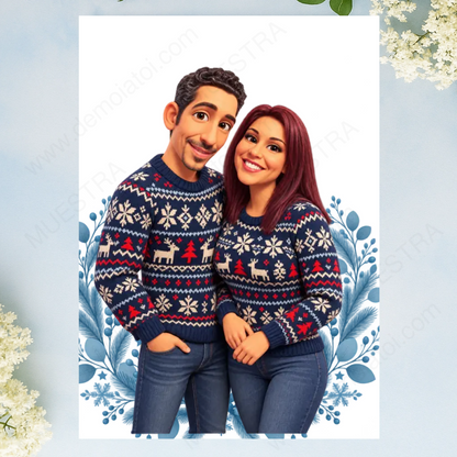Caricatura navideña personalizada estilo nórdico | Cuadro, taza, bola de Navidad y más