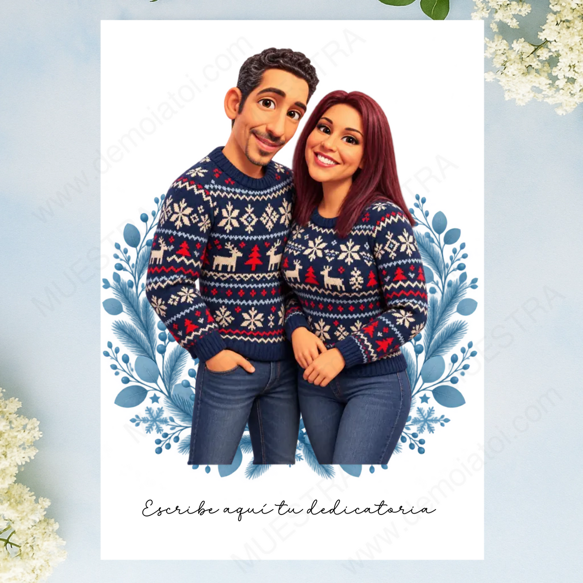 Caricatura navideña personalizada estilo nórdico | Cuadro, taza, bola de Navidad y más