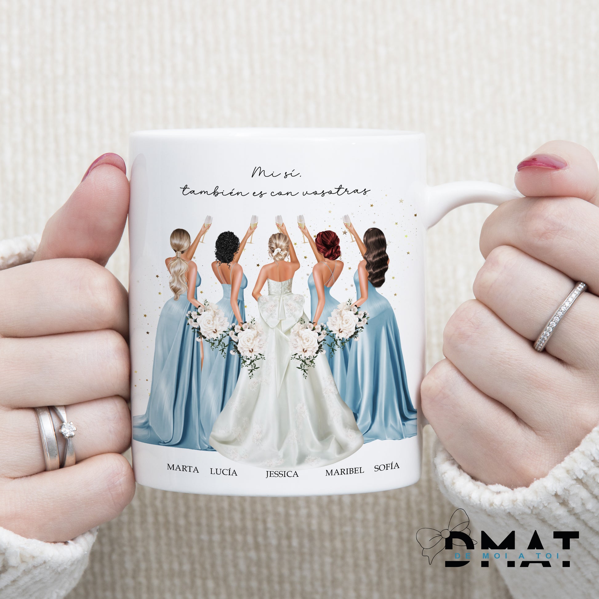 Taza personalizada con ilustración de novia y damas de honor como regalo original