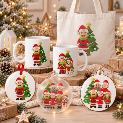 Set de regalo de Navidad personalizado con personajes familia: taza, totebag y bolas de árbol con muñecos chibi