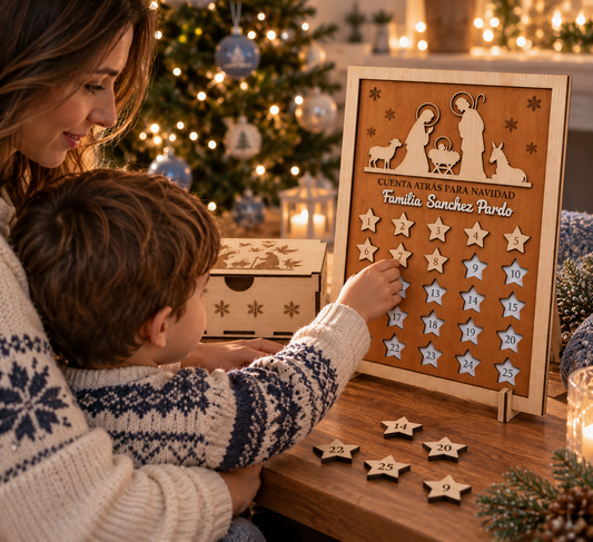 Calendario de Adviento de madera personalizado – Calendario eterno familiar con estrellas numeradas