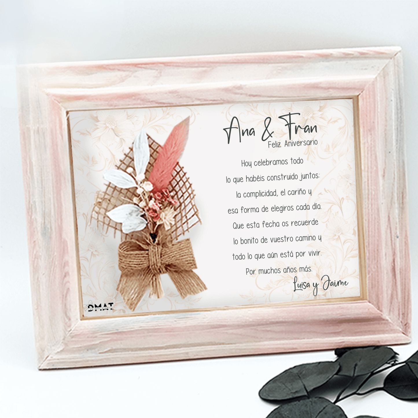Marco con flores y dedicatoria como regalo original para aniversario