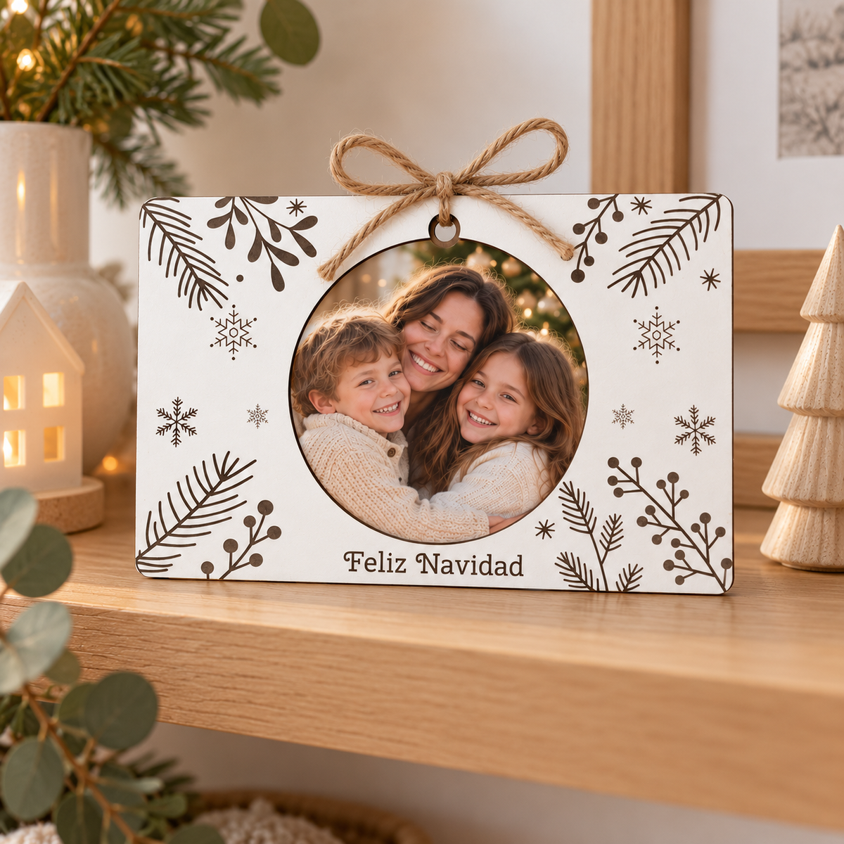 Sobre de madera usado como marco de fotos navideño con foto familiar · De Moi à Toi