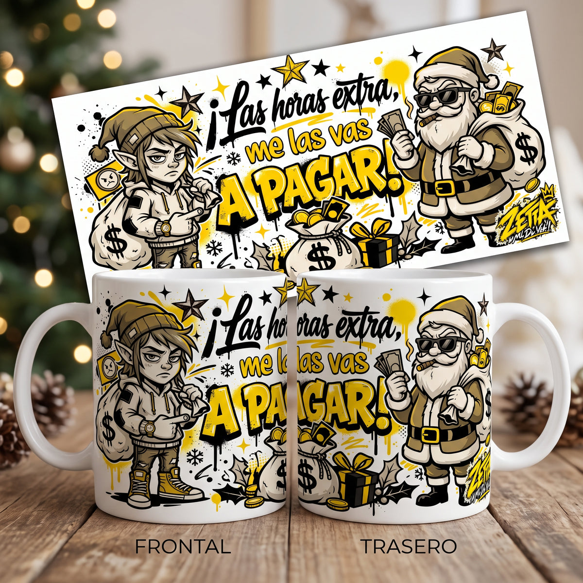 Vista frontal y trasera de la taza blanca Zetta “Las horas extras me las vas a pagar