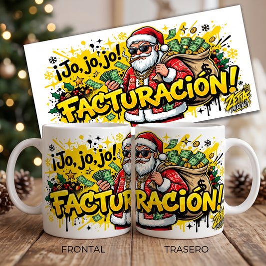 Vista frontal y trasera de la taza blanca Zetta “Jo, jo, jo… ¡Facturación!