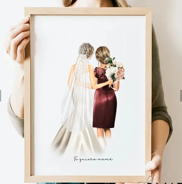 Ilustración personalizada de novia y madre de la novia, ideal para imprimir en regalos originales