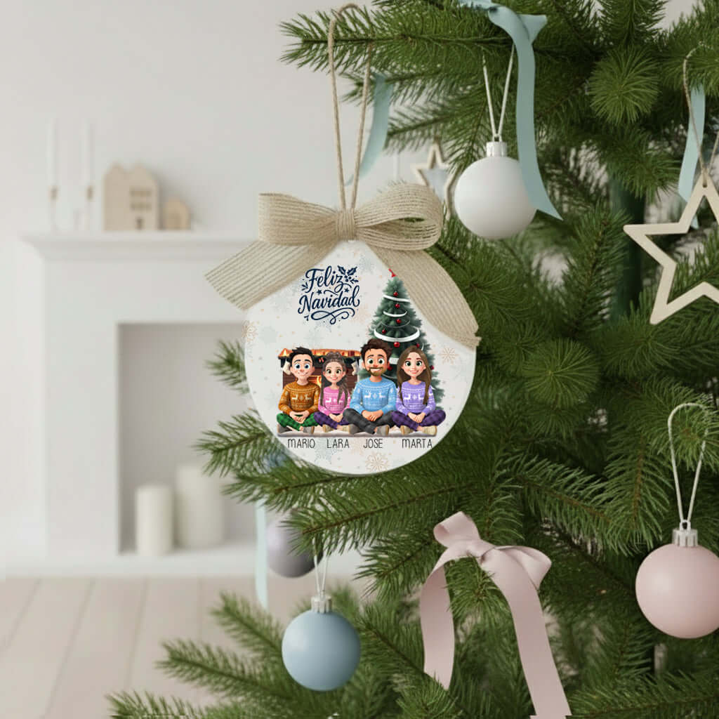 Bola de navidad con ilustración familiar - de madera impresa