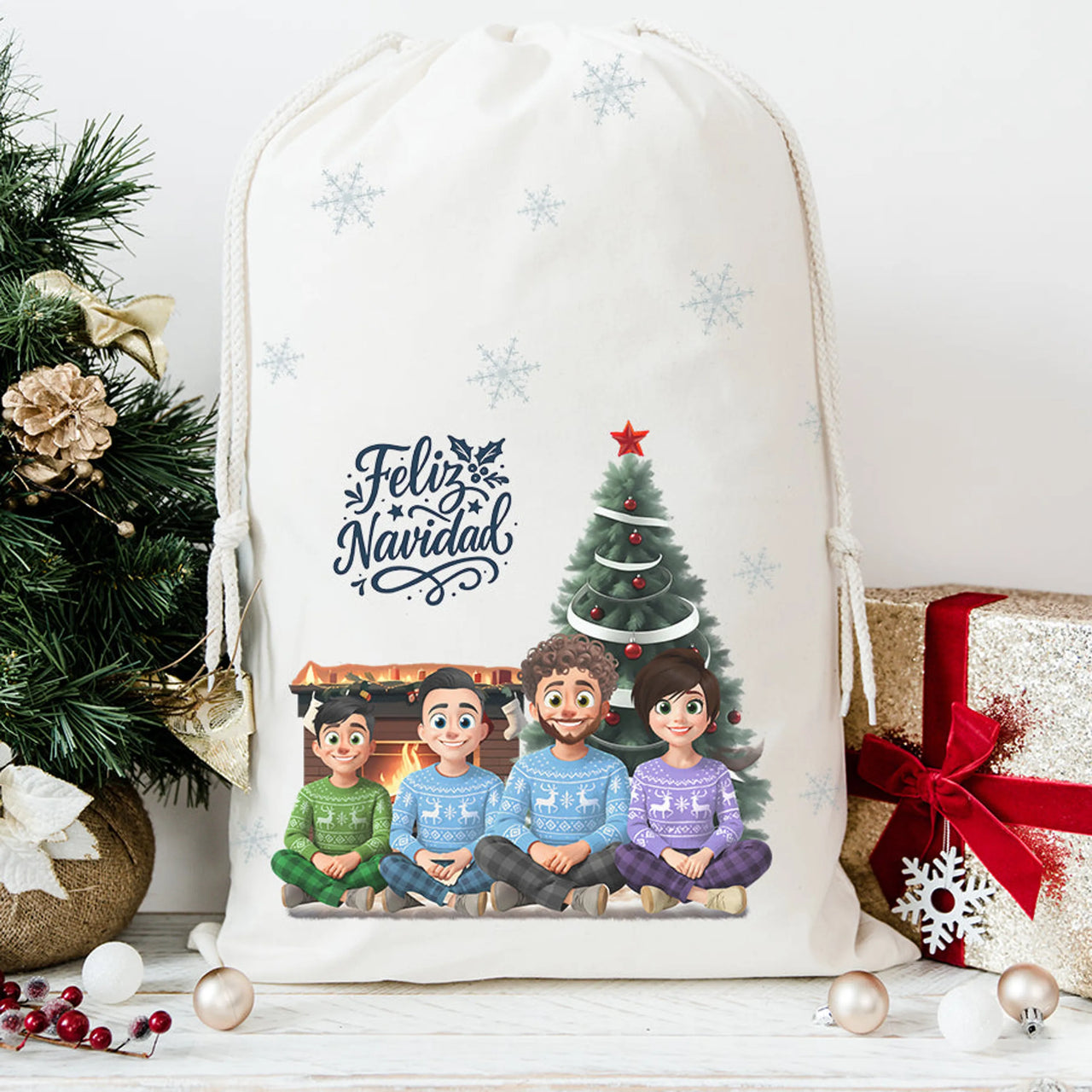 Saco de Navidad personalizado – Ilustración familia